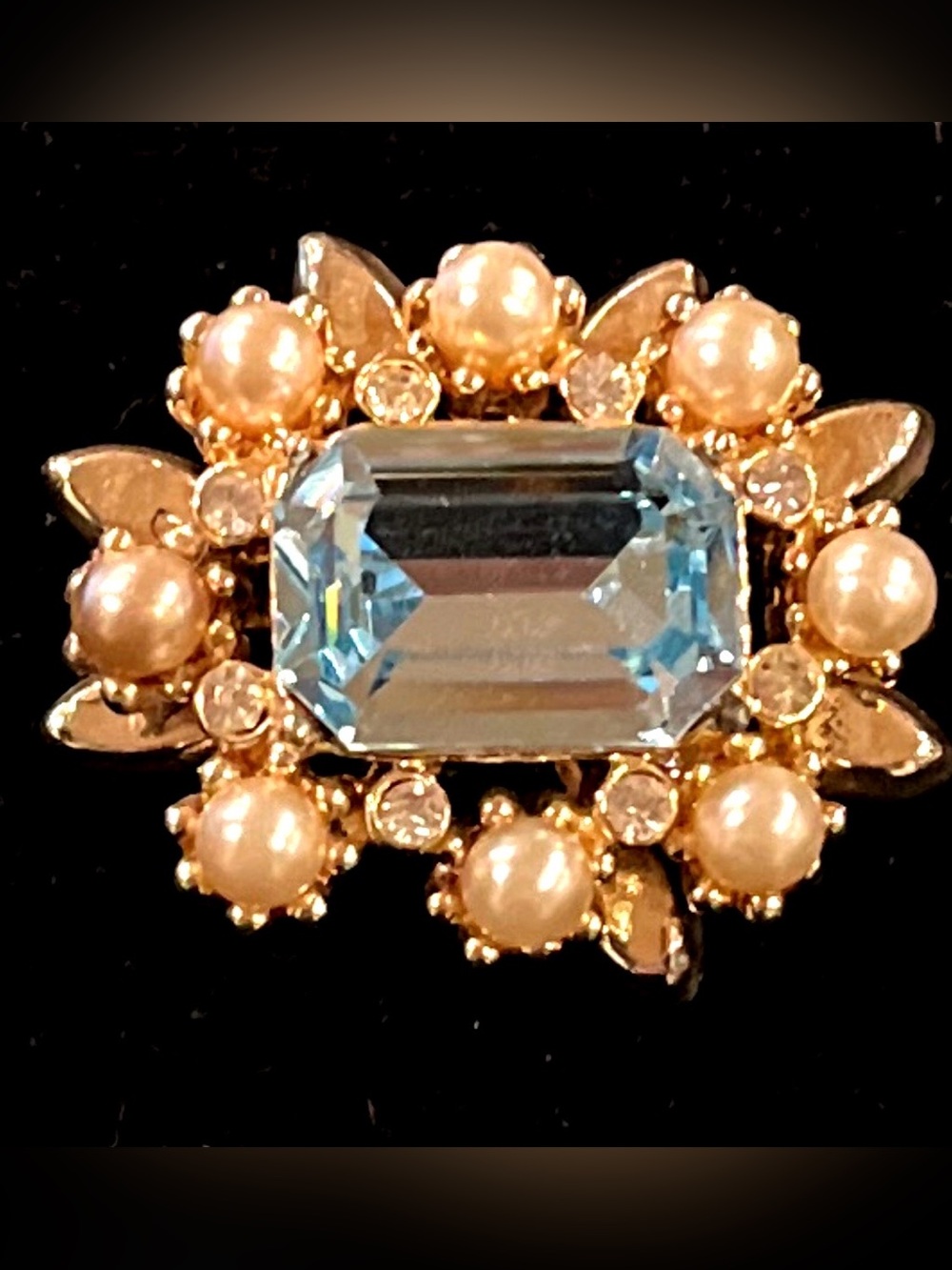 Vintage White Pearl & Aqua Blue Glass Rhinestone Floral Brooch Pin